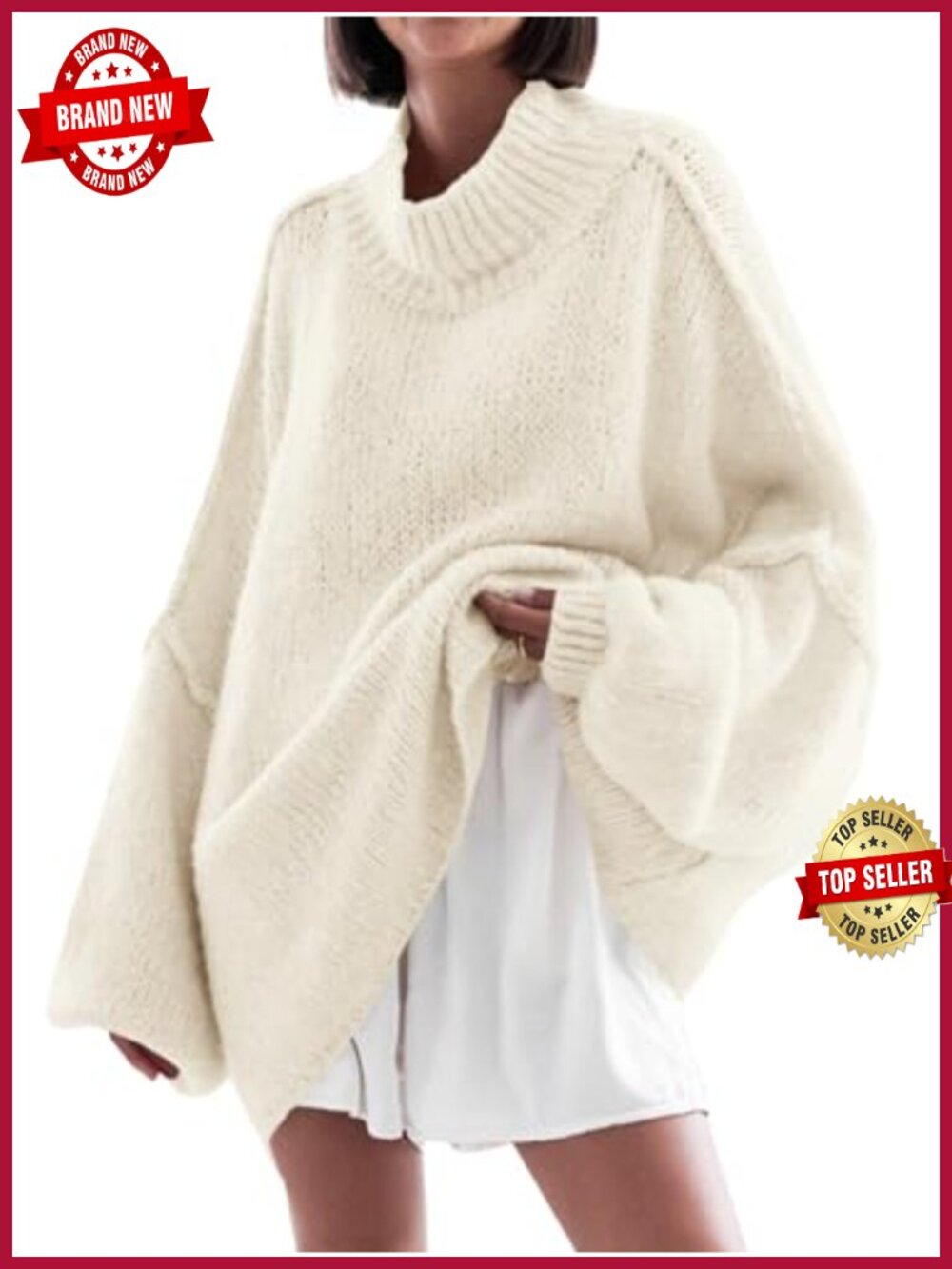 Womens Oversized Mock Neck Tunic Sweater Ribbed Knit Batwing Long Sleeve